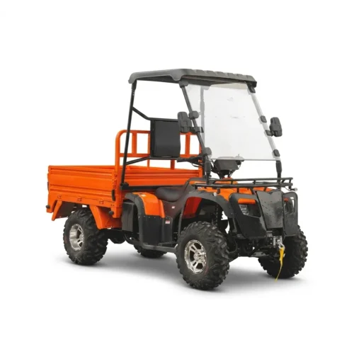 front-view-utility-atv-led-headlights.webp Head-on view of a powerful utility ATV featuring a durable steel front rack and dual LED headlights.