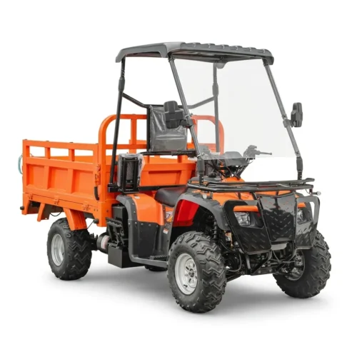 Complete side profile view of a rugged utility quad bike, highlighting ground clearance and automatic CVT transmission.