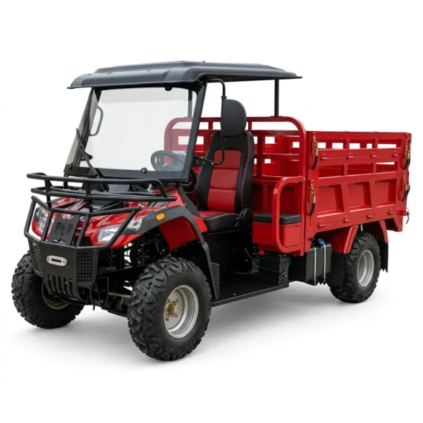 utility-atv-independent-suspension-off-road-tires.webp Close-up of a utility ATV's independent double A-arm suspension and aggressive 6-ply off-road tires.