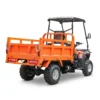 Rear three-quarter view of a 4WD utility ATV showing a reinforced cargo rack and standard towing hitch.