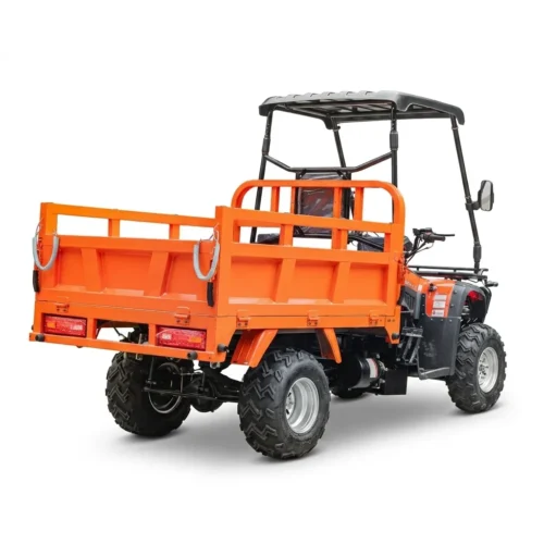 Rear three-quarter view of a 4WD utility ATV showing a reinforced cargo rack and standard towing hitch.