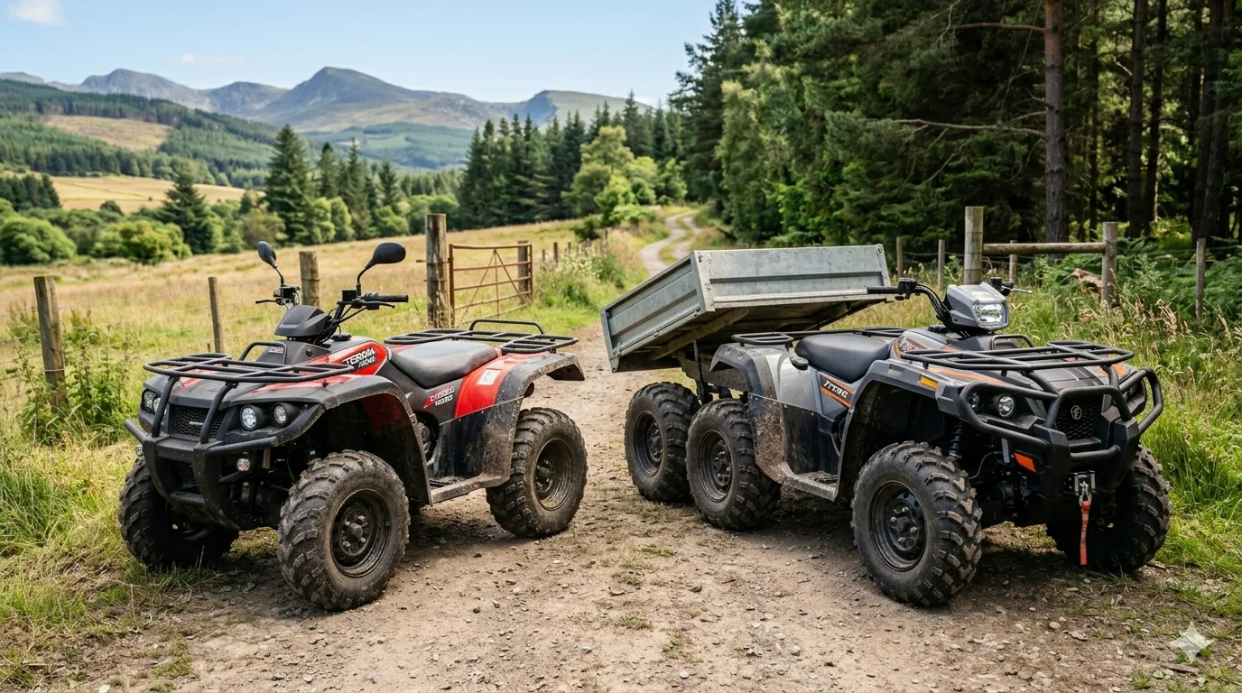 High-performance 4x4 vs 6x6 utility ATV comparison. The 6x6 model features an industrial-sized cargo dump box filled with firewood, demonstrating superior hauling capacity for farm and forestry work.