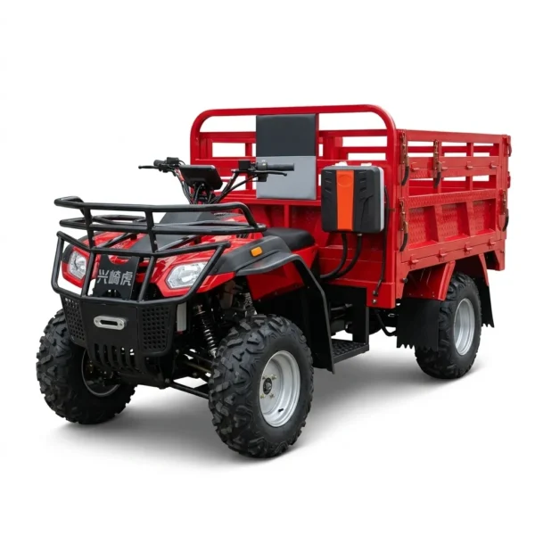 A reliable farm workhorse utility ATV parked on a dirt trail, with the rear rack loaded with tools and gear.