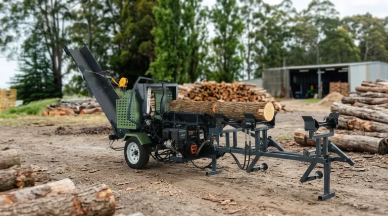 Heavy-duty log trailer equipped with a 360-degree hydraulic crane for efficient timber loading.