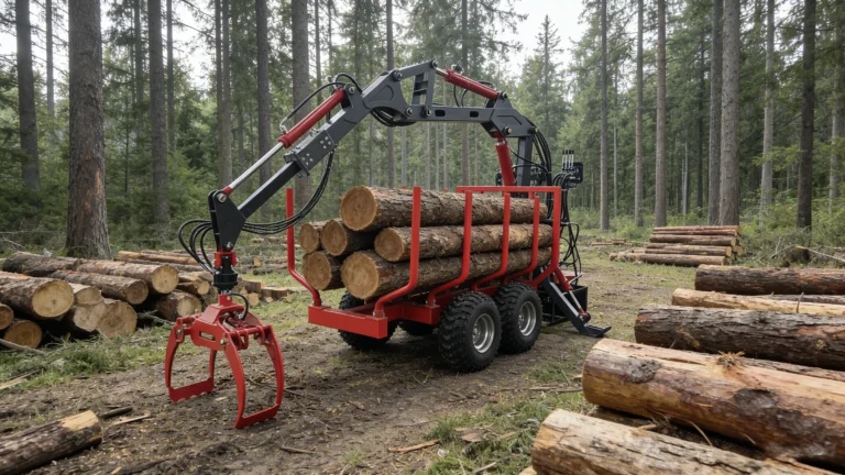 Professional log trailer featuring a powerful hydraulic grapple and electric winch for skidding tasks.