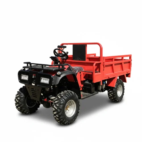 Powerful utility ATV with a reinforced tow hitch pulling a timber log trailer on a forest path.