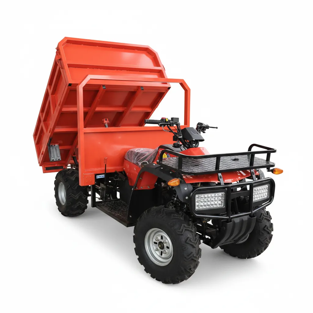 Utility ATV with dual A-arm independent suspension providing a smooth ride over rocky farm ground.
