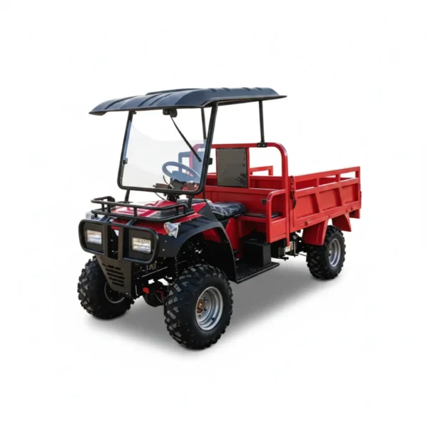 Heavy-duty utility ATV equipped with front and rear cargo racks for efficient farm material transport.