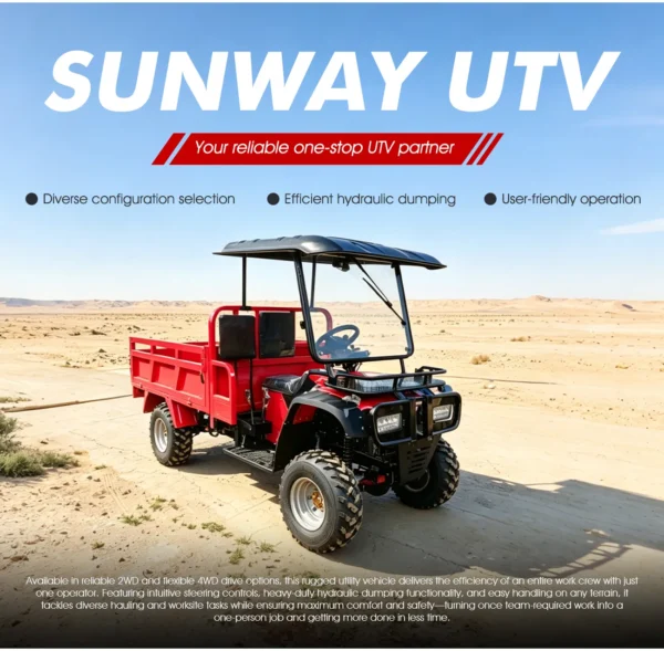 Side profile of a utility ATV showcasing its robust steel frame and heavy-duty shock absorbers.