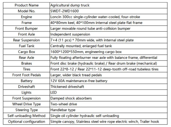 1600mm Carriage Length 2WD Gasoline Manual UTV