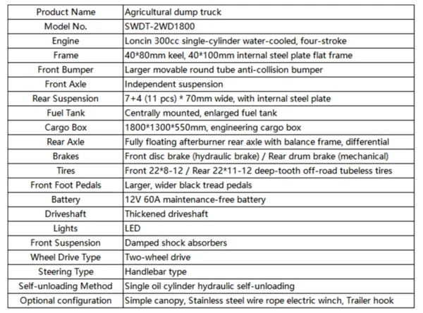 1800mm Carriage Length 2WD Gasoline Manual UTV
