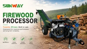 SUNWAY firewood processor machine operating in a forest logging area, heavy-duty wood cutting and log splitting equipment designed for industrial and commercial firewood production with conveyor system and engine powered processing unit.