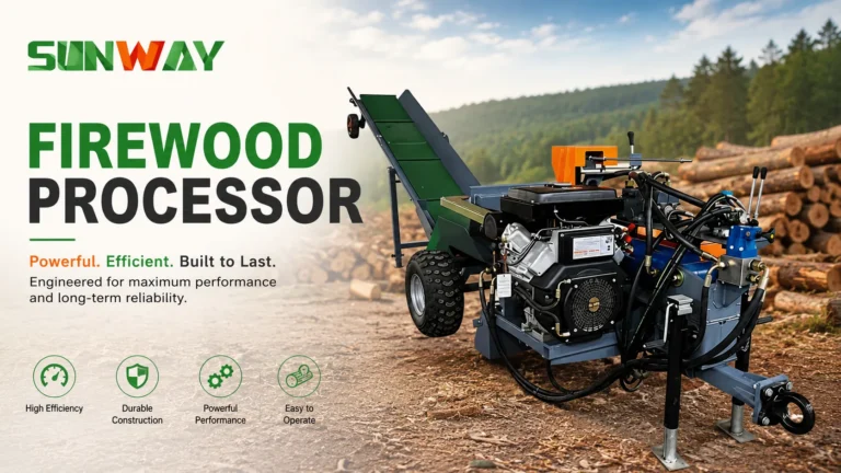 Commercial Firewood Processor Buying Guide: How to Choose from 15T to 50T 1 SUNWAY firewood processor machine operating in a forest logging area, heavy-duty wood cutting and log splitting equipment designed for industrial and commercial firewood production with conveyor system and engine powered processing unit.