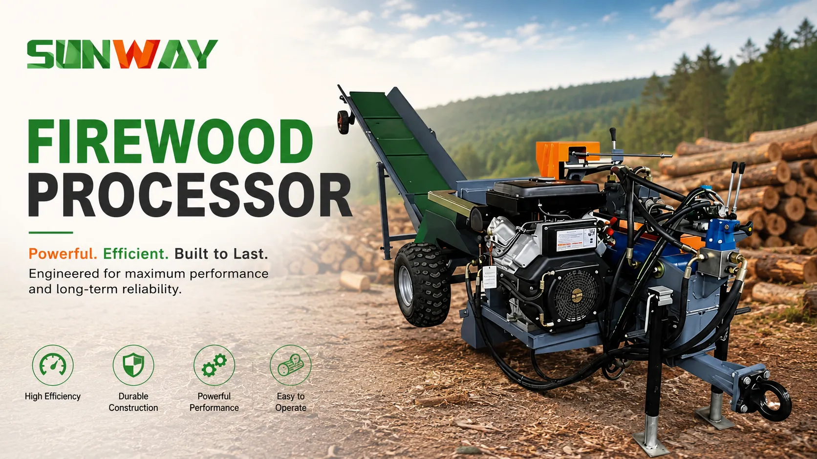 SUNWAY firewood processor machine operating in a forest logging area, heavy-duty wood cutting and log splitting equipment designed for industrial and commercial firewood production with conveyor system and engine powered processing unit.