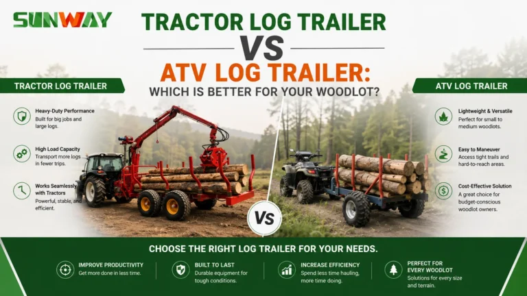 Tractor Log Trailer vs ATV Log Trailer: Which Is Better for Your Woodlot? 9 Comparison between a tractor log trailer and an ATV log trailer in a forestry environment, highlighting differences in load capacity, maneuverability, productivity, and suitability for various woodlot operations and timber transportation tasks.