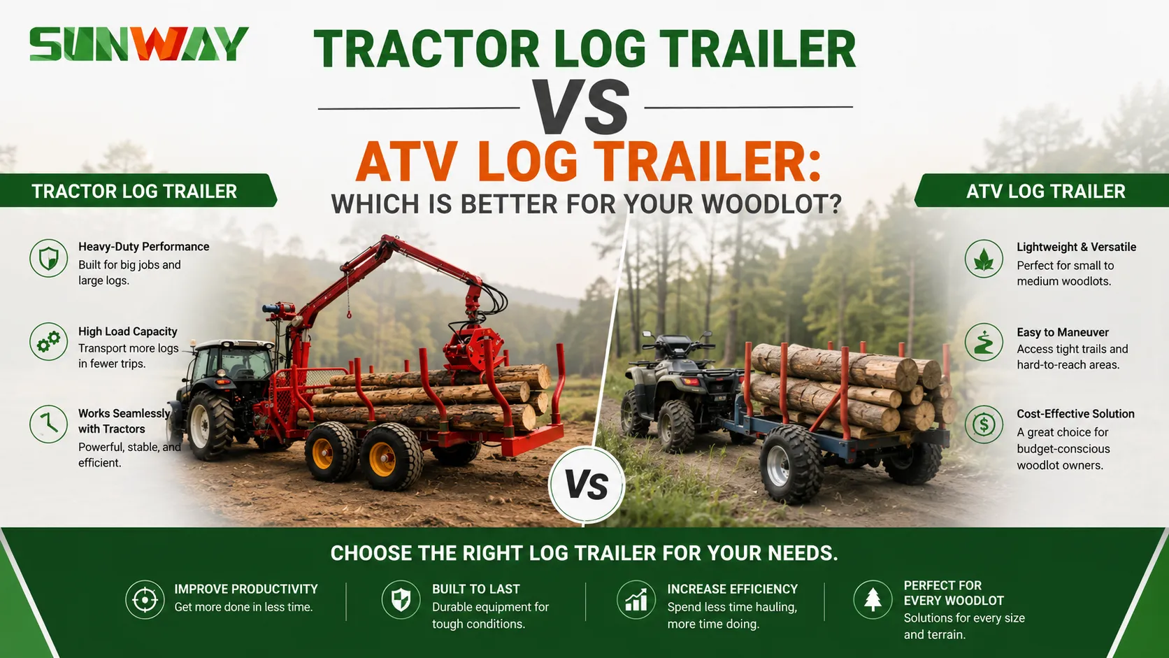 Comparison between a tractor log trailer and an ATV log trailer in a forestry environment, highlighting differences in load capacity, maneuverability, productivity, and suitability for various woodlot operations and timber transportation tasks.