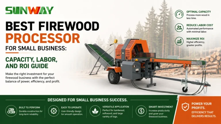 Best Firewood Processor for Small Business: Capacity, Labor, and ROI Guide 7 SUNWAY firewood processor with conveyor system in a forestry environment, designed for small firewood businesses seeking the best balance of processing capacity, labor efficiency, operating costs, and return on investment.