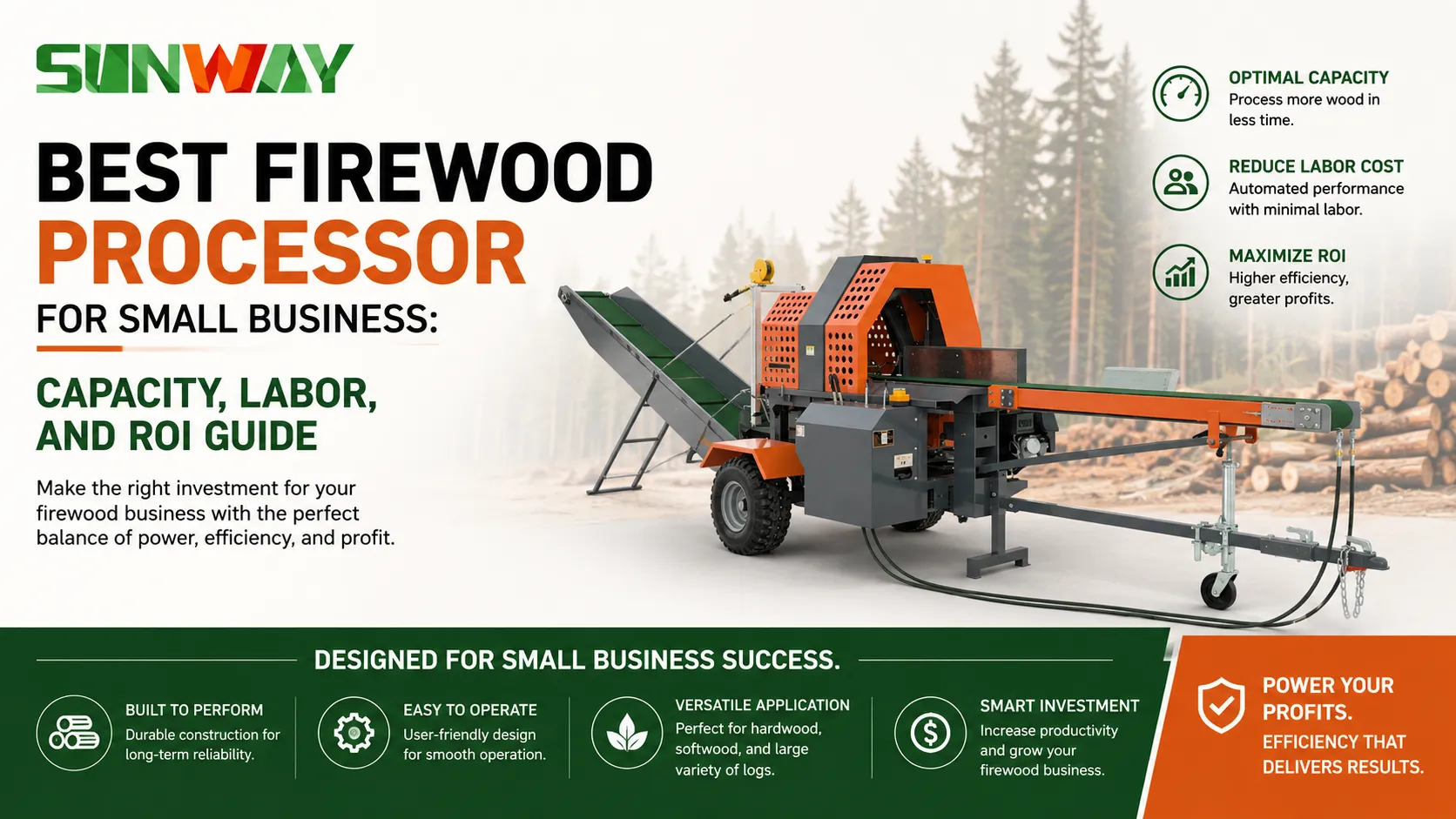 SUNWAY firewood processor with conveyor system in a forestry environment, designed for small firewood businesses seeking the best balance of processing capacity, labor efficiency, operating costs, and return on investment.