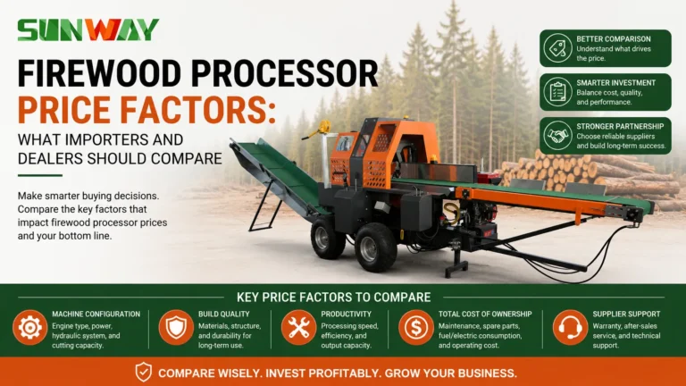 Firewood Processor Price Factors: What Importers and Dealers Should Compare 6 SUNWAY firewood processor with conveyor system and hydraulic cutting mechanism, highlighting key price factors such as machine configuration, build quality, productivity, ownership cost, and supplier support for importers and dealers.