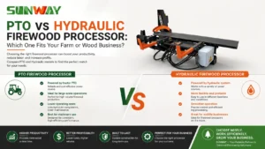 Comparison of PTO and hydraulic firewood processors, highlighting differences in power source, operating costs, mobility, productivity, and suitability for farms, forestry operations, and commercial firewood businesses.