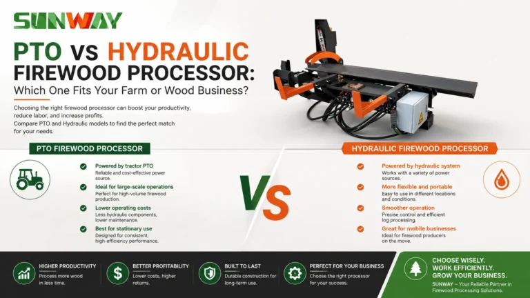PTO vs Hydraulic Firewood Processor: Which One Fits Your Farm or Wood Business? 5 Comparison of PTO and hydraulic firewood processors, highlighting differences in power source, operating costs, mobility, productivity, and suitability for farms, forestry operations, and commercial firewood businesses.